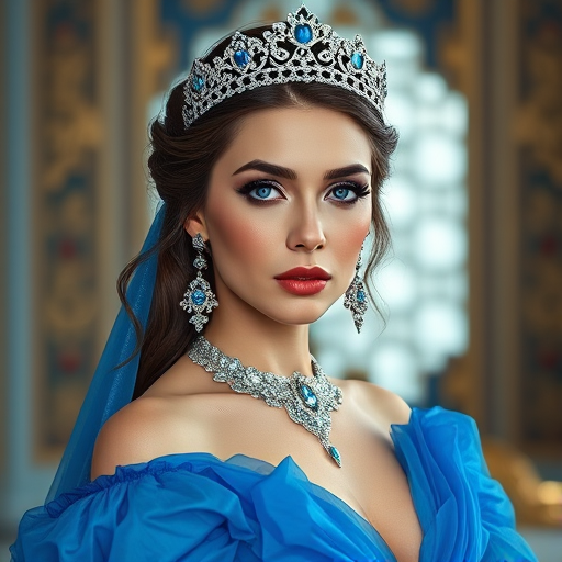 A gorgeous Kyrgyz woman in a luxurious blue gown, accessorized with a dazzling tiara and statement earrings, her deep blue eyes highlighted by impeccable makeup, poised in a royal setting, photorealistic, 8K quality