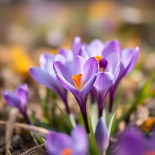 macro shot of purple crocus flowers on a field, aperture f/2.8, shutter speed 1/250s, ISO 100, focused on flowers with a blurred background, shot with a DSLR camera using a 50mm lens, natural light.