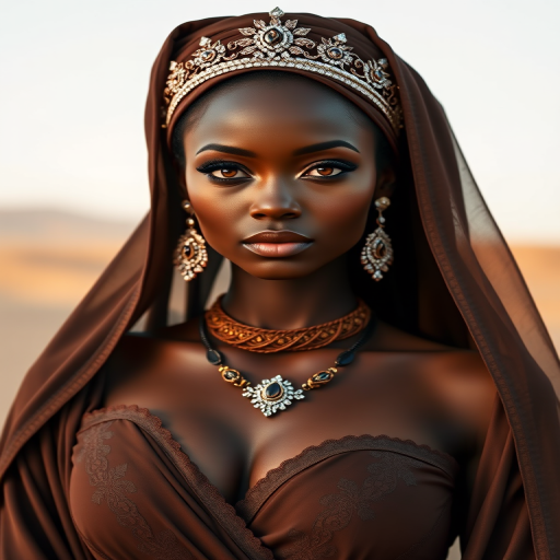 A gorgeous Tuareg woman in a luxurious brown gown, accessorized with a dazzling tiara and statement earrings, her deep orange eyes highlighted by impeccable makeup, poised in a royal setting, photorealistic, 8K quality