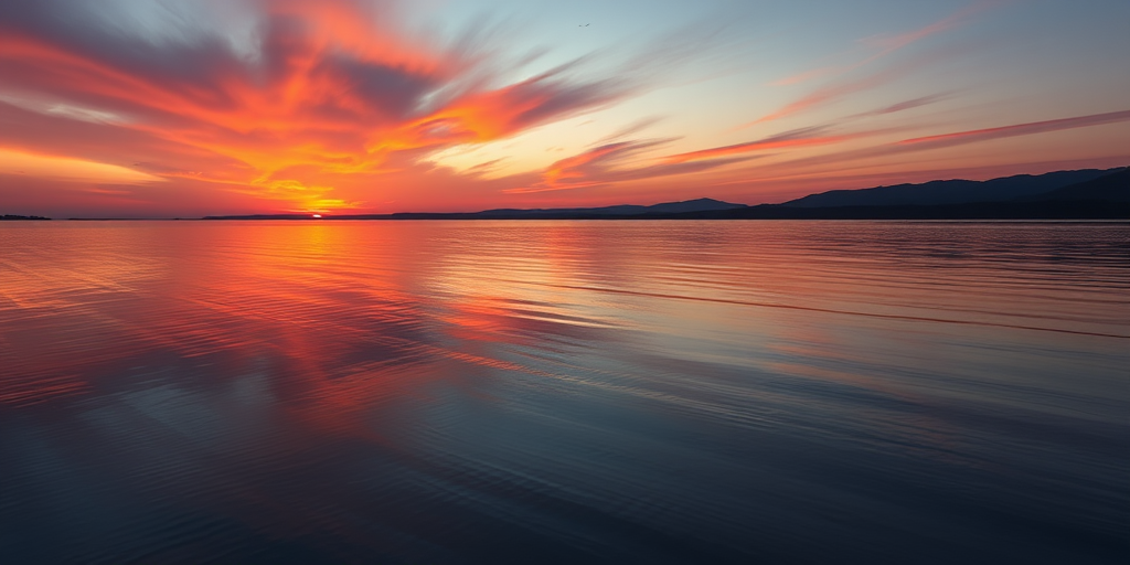 Capture a high-resolution image of a serene landscape at sunset, with vibrant colors reflecting on calm water; use a DSLR camera with a 24mm lens, aperture set to f/8, ISO 200, and shutter speed 1/125s, in landscape orientation for optimal depth of field.