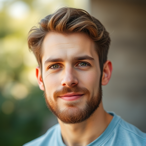 portrait of a young man with light brown hair and a beard, wearing a light blue shirt, with a soft focus background, natural light, 85mm lens, f/1.8 aperture, ISO 100, 1/200s shutter speed, medium shot, high-resolution DSLR.