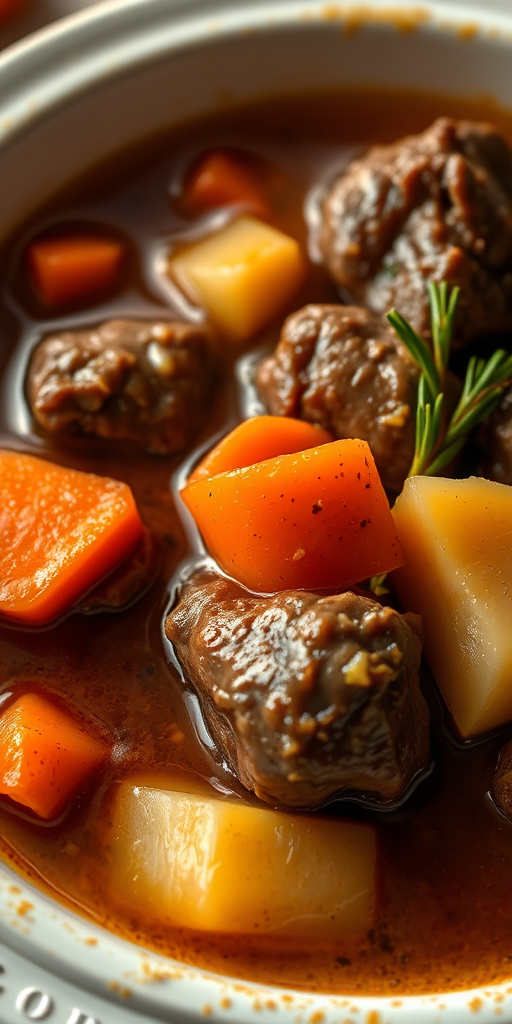 stunning close-up of a bowl of beef stew with tender meat, carrots, and potatoes in rich broth, shot with a Nikon D850, 50mm lens, f/1.8 aperture, ISO 200, natural soft lighting for a warm ambiance