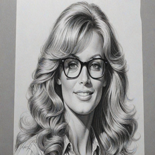 Resplendent Farrah Fawcett, pencil sketch, portrait of Wonderful woman 1942s in glasses, hair style beatnik, outline, clear lines, fine lines, 8k