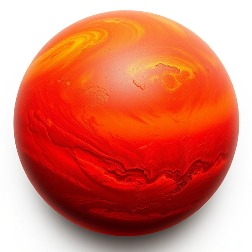 Create a vibrant illustration of a red planet with swirling textures and crater-like features, set against a stark white background, captured with a high-resolution digital camera at f/8 aperture, ISO 100, 24mm lens, top-down view, using a flat lay photography style for optimal clarity and detail.