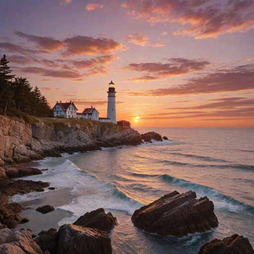Generate an image of a tall lighthouse perched on a rocky outcrop surrounded by calm ocean waters during a breathtaking sunset. The lighthouse stands sturdy and weathered, its stone surface illuminated by the warm golden light of the setting sun. The sun's rays pass directly through the glass lantern room at the top of the lighthouse, casting a brilliant light across the scene. The sky is painted with vibrant shades of orange, pink, and purple, reflecting off the tranquil sea. The surrounding water shimmers with the same warm hues, creating a serene and majestic atmosphere.