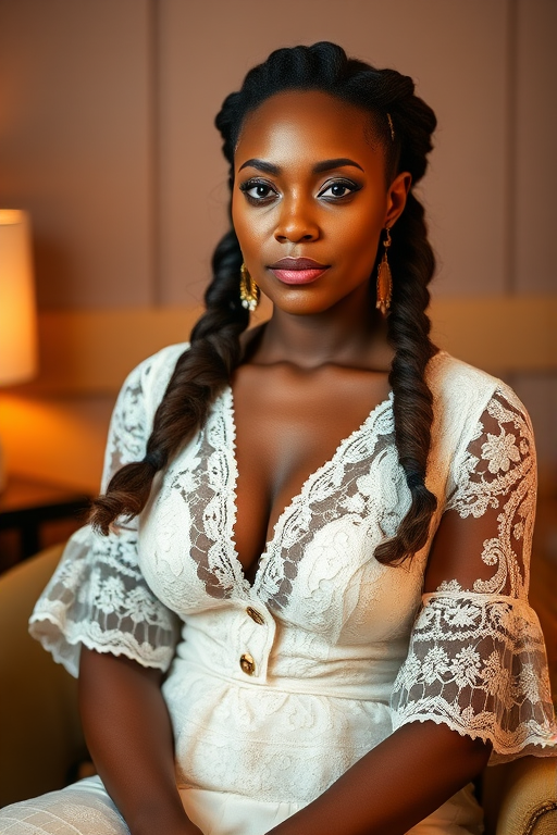 Create a portrait of a refined and elegant Torres Strait Islander woman seated in a sophisticated setting. She has long, wavy hair styled in two thick braids that are pulled over her shoulders. She wears a white, lace gown with intricate patterns, featuring a deep V-neckline and short sleeves. The dress exudes a vintage charm with its delicate lacework. She is adorned with ornate, dangling earrings that add a touch of glamour to her appearance. The background is softly lit, with warm, ambient lighting that creates a cozy and inviting atmosphere. Her expression is poised and serene, capturing a sense of grace and elegance.