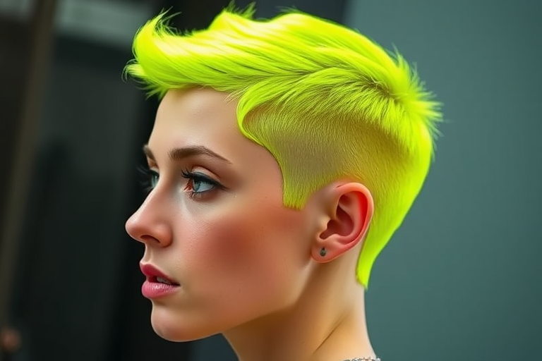 Electric neon yellow buzz cut called "Lightning Strike," showcases a precisely trimmed, ultra-short style with sharp, clean lines and a vibrant, eye-catching hue that demands attention and exudes confidence