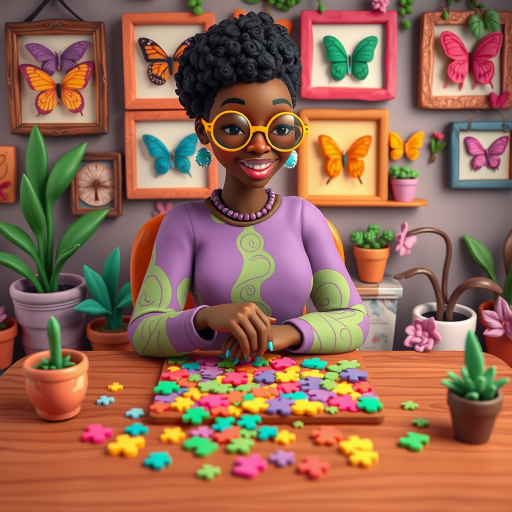 A vibrant and whimsical illustration of an african american woman sitting at a table working on a colorful jigsaw puzzle. she is wearing round glasses, and patterned clothing in shades of purple and green.  The background features an eclectic collection of framed butterflies, potted plants, and other natural elements, creating a warm and inviting atmosphere. The style is playful and modern, with rich textures, intricate details, and a lively color palette.
