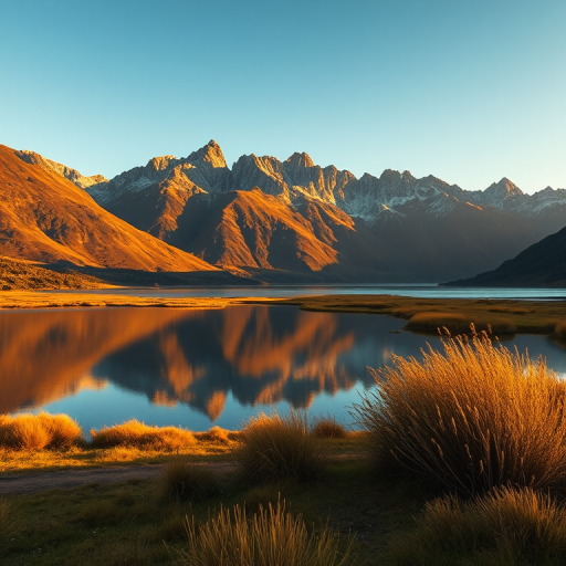 high-resolution image of a serene landscape with mountains in the background and a tranquil lake in the foreground, golden hour lighting, shot with a Canon EOS R5, 24mm lens, f/8, ISO 100, 1/200s, wide-angle view for enhanced depth and detail