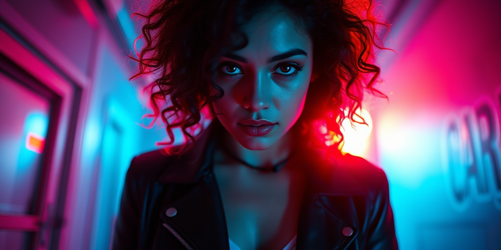 Portrait of a woman with curly hair and a leather jacket, illuminated with dramatic red and blue lighting, shot with a Canon EOS R5, 85mm f/1.2 lens, ISO 100, shutter speed 1/200s, low angle view, cinematic style, high dynamic range.