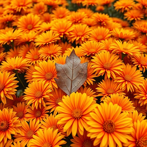 vibrant field of orange and yellow chrysanthemums with a single brown leaf resting among them, captured using a DSLR camera with a 50mm lens, aperture f/2.8, ISO 100, and soft natural lighting from above to enhance image quality