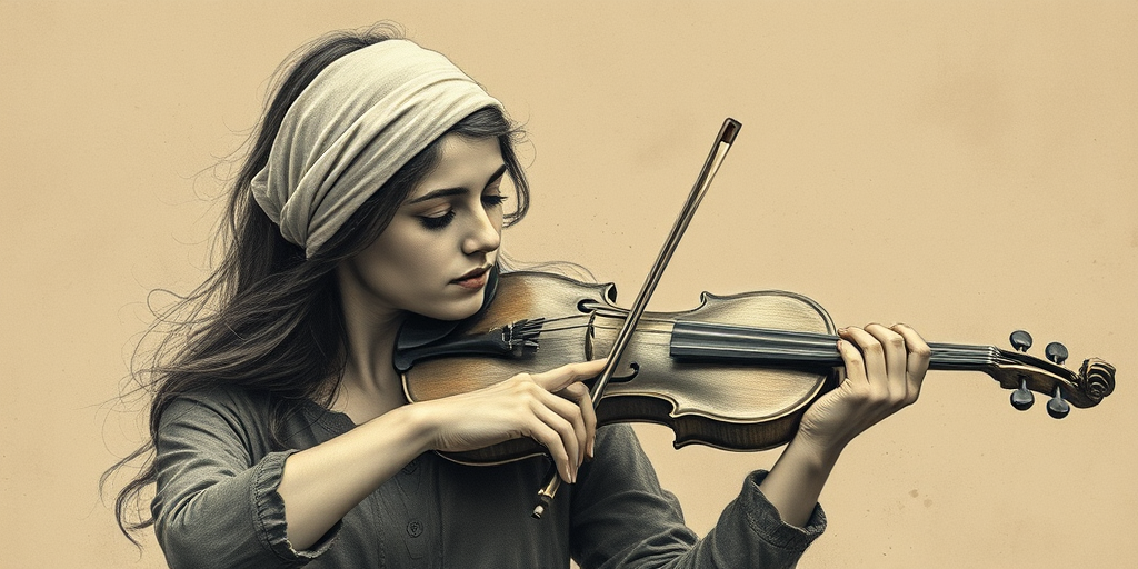 a young Turkish woman with a white headband playing a violin, in the style of a charcoal drawing, sepia grunge background