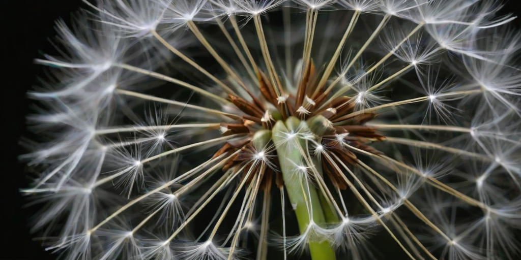 a close-up of a dandelion seed head with delicate white filaments against a dark blurred background