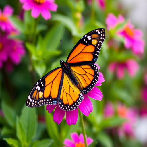Generate an image of a vibrant monarch butterfly resting on a bright pink flower, surrounded by lush green foliage. The butterfly should display its characteristic orange and black wing patterns, with the flower's texture and color contrasting beautifully against the butterfly's wings. Ensure the background is softly blurred to highlight the butterfly and the flower.