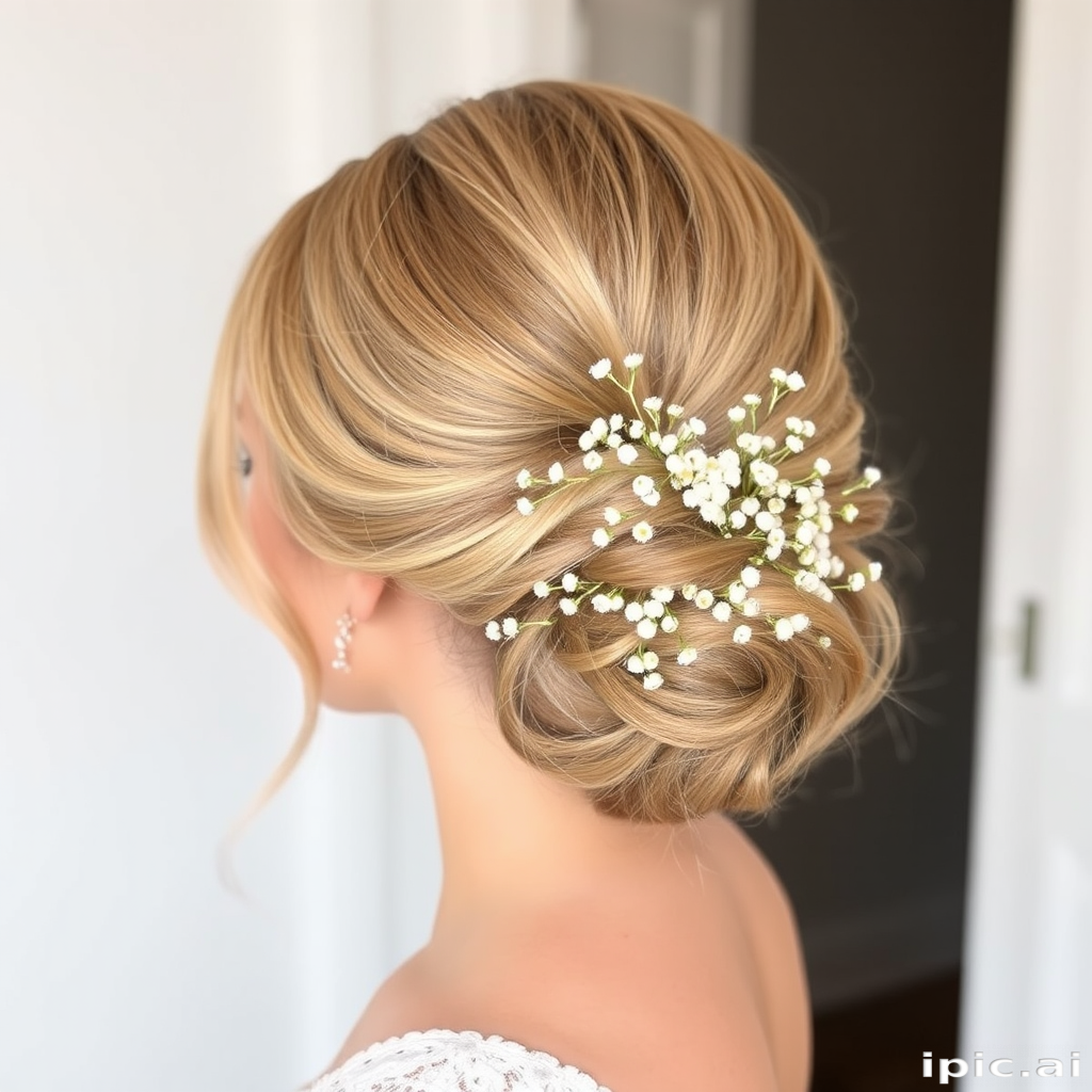 Romantic bride with a soft, low chignon adorned with delicate baby's breath flowers and featuring a subtle champagne blonde balayage