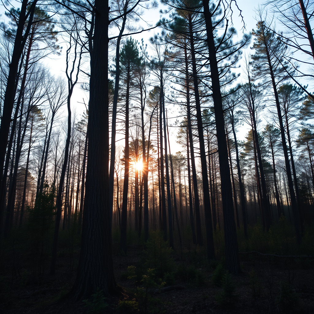 Create a high-resolution image of a tranquil forest scene during golden hour with sunlight filtering through the trees, using a Canon EOS R5, 50mm lens, f/1.8 aperture, ISO 100, and a tripod for stability.