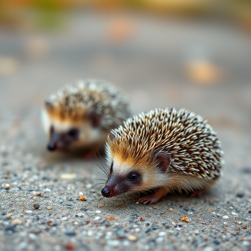 Two hedgehogs on a textured surface, captured with a Canon EOS R5, 50mm lens, f/2.8 aperture, ISO 100, soft natural lighting, focus on the details of their fur and environment, shallow depth of field for a blurred background.