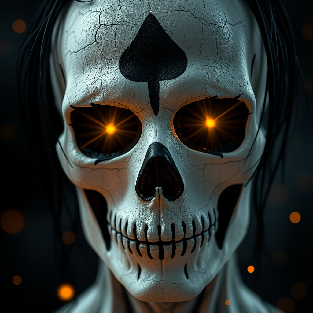 Create image featuring a close-up of a face painted like a skull. The skin is predominantly white with textured, cracked paint. The eye sockets are painted black, blending into the natural shadows of the eyes, creating a deep, hollow look. Bright, intense golden-yellow lights radiate from the eyes, casting a warm glow that contrasts with the cold, esoteric background. The nose is painted black in the shape of a spade. The mouth area features black lines extending from the corners, resembling a stitched effect. The face has sporadic black hair strands that frame it dramatically, adding to the eerie yet captivating feel. The background is blurred and dark, enhancing the focus on the face. Small, glowing orange embers are scattered sporadically across the image, contributing to the mysterious and magical atmosphere. The overall style is hyper-realistic with an emphasis on the contrast between light and dark elements, giving it an almost supernatural