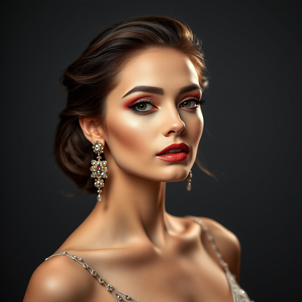 Studio portrait, female model, elegant couture dress, bold makeup, dramatic lighting, Shoot over the shoulder using a telephoto lens to focus on small details like jewelry, makeup, or fabric textures