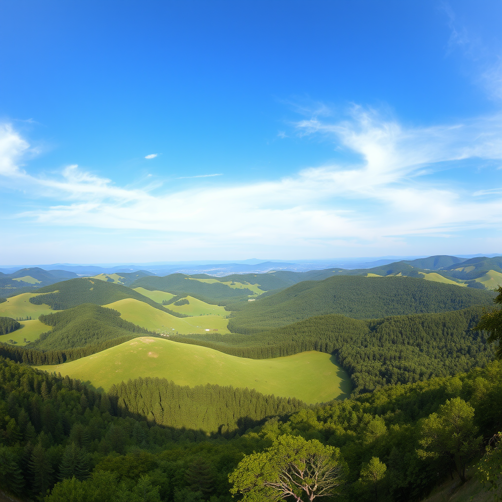 generate a panoramic landscape image of rolling green hills and dense forests under a clear blue sky with rich colors, taken with a DSLR camera at 24mm focal length, aperture f/8, ISO 100, and slow shutter speed to enhance the details and depth of field.