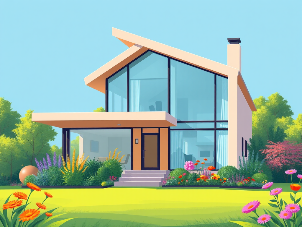 illustration of a modern house with large windows and a unique architectural style, in a vibrant garden setting, soft blue background, shot with a DSLR camera at f/8, 50mm lens, natural light, high resolution
