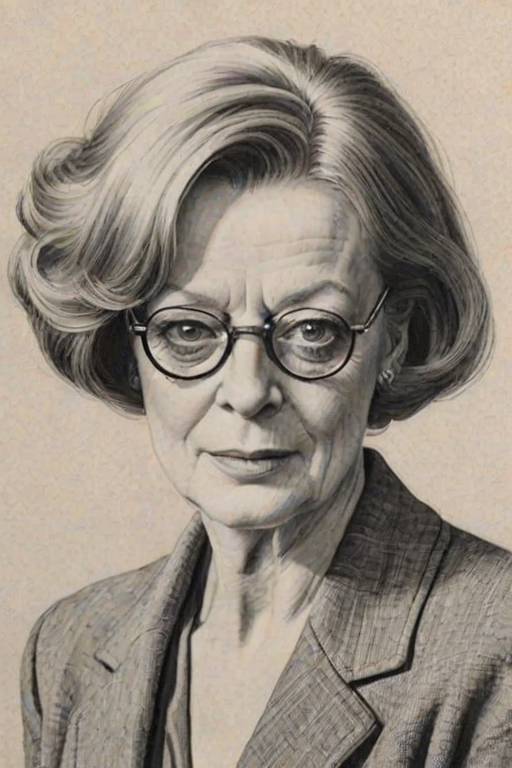 Lovely Maggie Smith, pencil sketch, portrait of Charming woman 1921s in glasses, hair style beatnik, outline, clear lines, fine lines, 8k