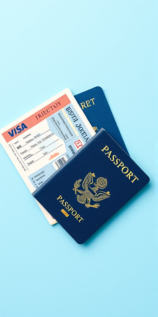 Create a detailed illustration of an open passport and visa on a light blue background, using a DSLR camera with a focal length of 50mm, aperture set to f/2.8, ISO 100, and natural lighting to enhance clarity and color vibrancy, captured from a top-down view to emphasize the documents' details.