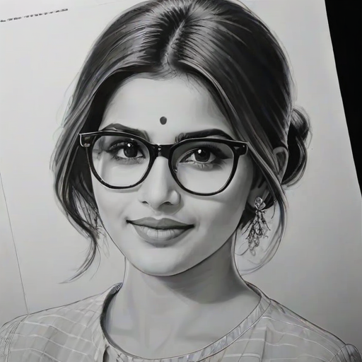 Ravishing Samantha Ruth Prabhu, pencil sketch, portrait of Comely woman 1958s in glasses, hair style beatnik, outline, clear lines, fine lines, 8k