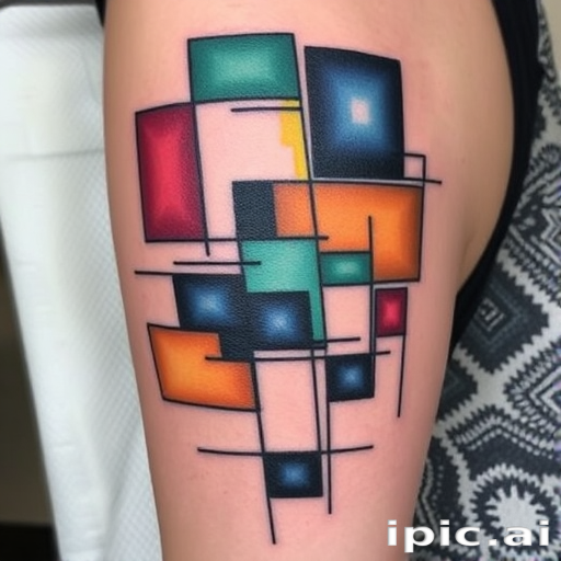 Abstract "Cubist Composition" tattoo with fragmented shapes and overlapping planes, using a limited color palette to create a dynamic and thought-provoking design