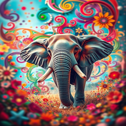 Regenerate a vibrant abstract image of an elephant surrounded by colorful swirls and floral patterns in a dreamlike setting, using a DSLR camera with a 50mm lens at f/1.8, ISO 200, and a shutter speed of 1/160s for a shallow depth of field, capturing a low-angle view to emphasize the details and colors.