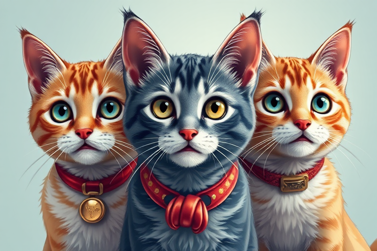Create a vibrant digital illustration of three cats with distinct fur patterns and colors, emphasizing their expressive eyes and unique accessories, using a Canon EOS R5 with a 50mm lens at f/1.8, shooting from a close-up view with a soft focus background to enhance depth and clarity.