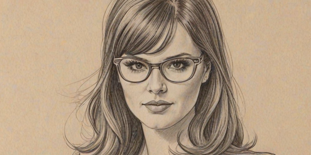 Fascinating Sara Rue, pencil sketch, portrait of Beauteous woman 1960s in glasses, hair style beatnik, outline, clear lines, fine lines, 8k