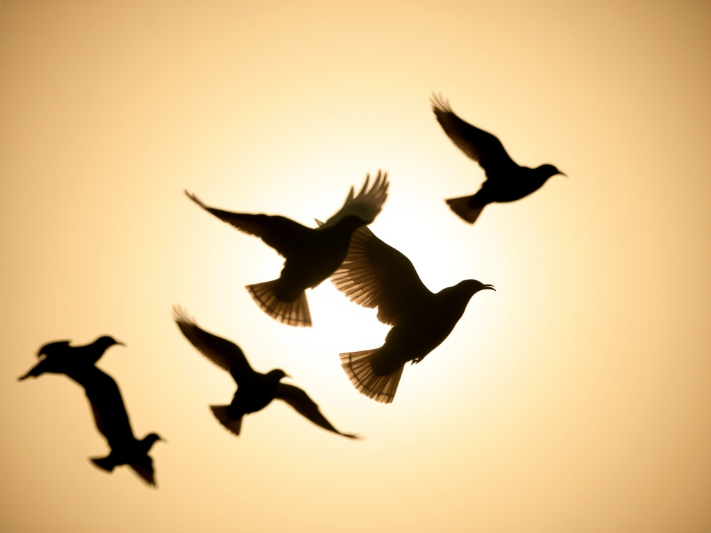 Create a high-contrast silhouette image of birds in flight, using a Canon EOS R5 camera with a 50mm lens, f/1.8 aperture, ISO 100, and a shutter speed of 1/2000 sec, capturing the scene from a low angle to emphasize the dynamic movement of the wings against a bright background.