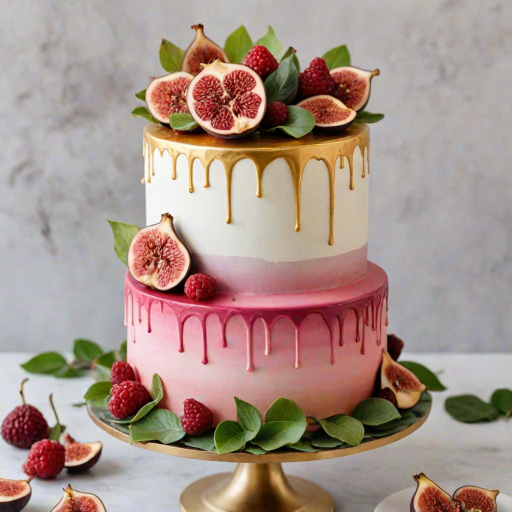 Create a two-tiered cake with a smooth white and pink ombre design. The top tier should be adorned with fresh figs, raspberries, and blueberries, with some chocolate drizzle cascading down the sides. Add edible gold leaf accents and scattered pomegranate seeds for a decorative touch. Finish with green leaves for a fresh look.