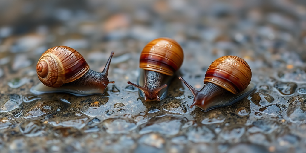 macro shot of three brown snails on a wet stone surface, shallow depth of field, f/2.8 aperture, 100mm lens, natural light, ISO 200, focus on the snails with a blurred background, high-resolution image.
