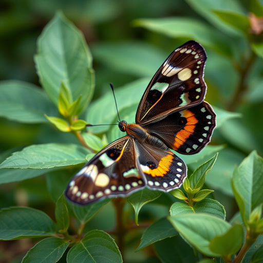 Butterfly resting on green leaves, macro view, natural lighting, aperture f/2.8, shutter speed 1/200s, ISO 100, DSLR camera, 50mm lens.