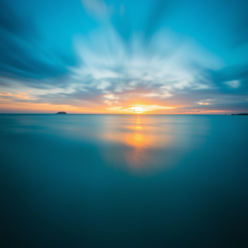 Create an image of a serene ocean at sunset with a smooth golden surface, long exposure, f/11, ISO 100, 24mm lens, panoramic view, using a DSLR camera to enhance image quality.