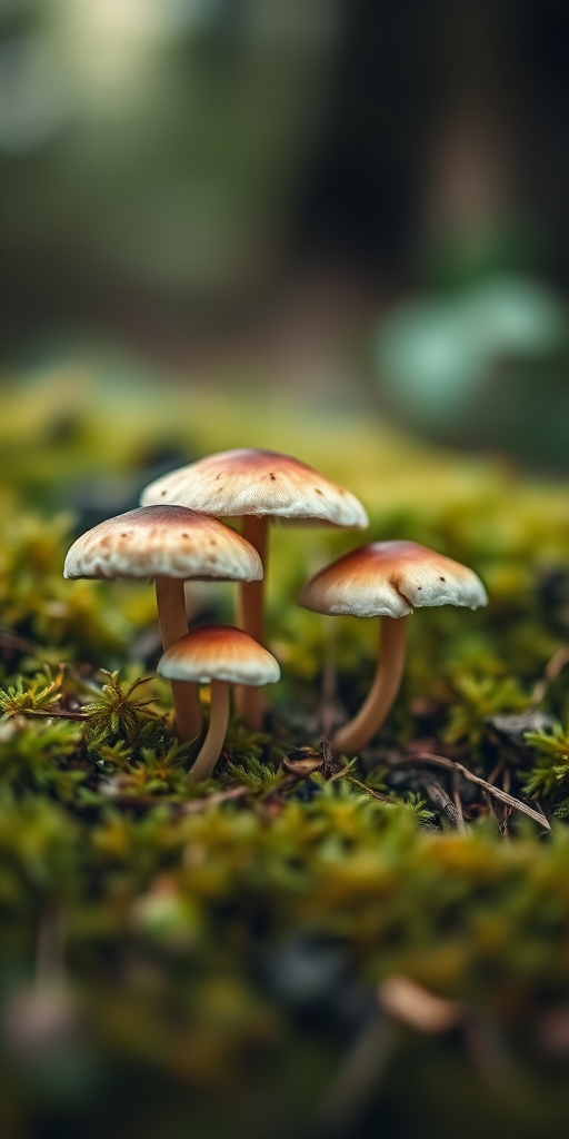 mushrooms growing on moss in a forest setting, soft focus background, macro shot, aperture f/4, shutter speed 1/250s, ISO 100, DSLR camera, natural lighting, shallow depth of field