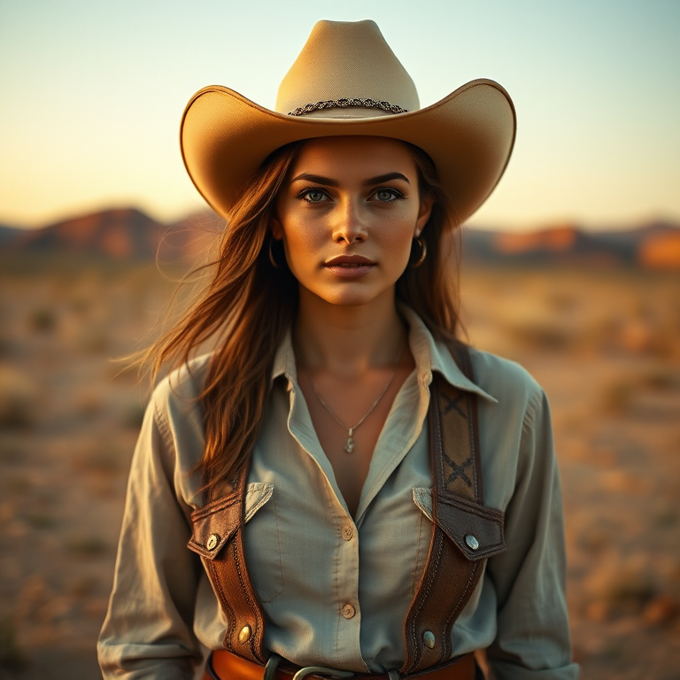 Dramatic photo of a beautiful Georgian woman, classic cowboy attire, confident and free spirit expression, half-length portrait, centered, golden hour desert landscape, warm, diffused light, low angle, medium format film camera, in style of Annie Leibovitz.