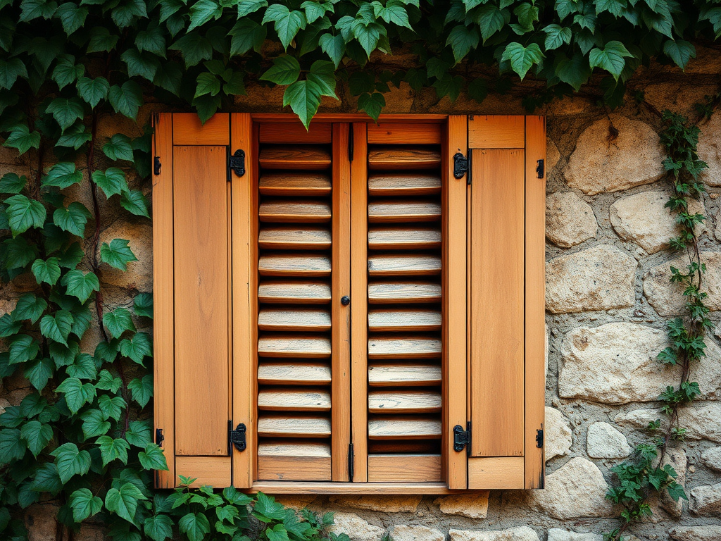 Capture a close-up image of vintage wooden shutters on a stone wall, surrounded by green ivy, using a DSLR camera with a 50mm lens, aperture set to f/1.8 for a shallow depth of field, ISO 200, and natural lighting to enhance texture and detail.