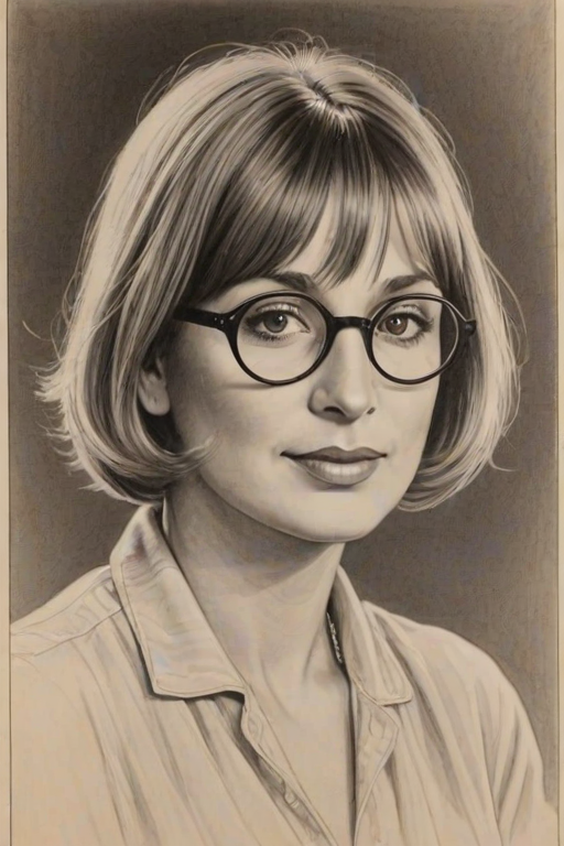 Comely Penny Marshall, pencil sketch, portrait of Exquisite woman 1927s in glasses, hair style beatnik, outline, clear lines, fine lines, 8k