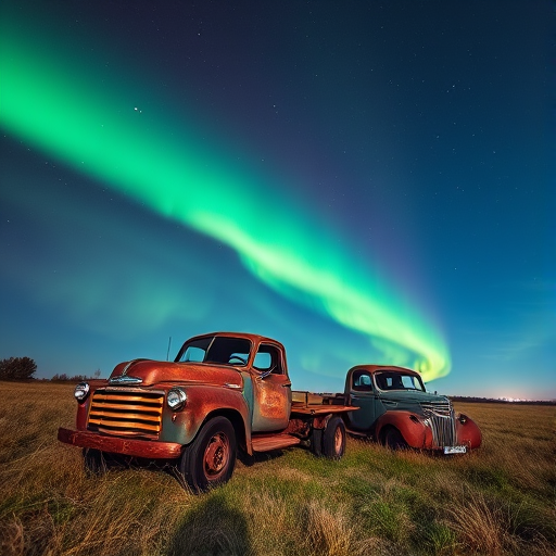 Create a high-resolution image of a rusted vintage truck and another old vehicle in a field at night with the northern lights illuminating the sky, use a long exposure of 20 seconds, aperture set to f/8, ISO 800, wide-angle lens, shot with a DSLR camera from a low angle for dramatic effect.