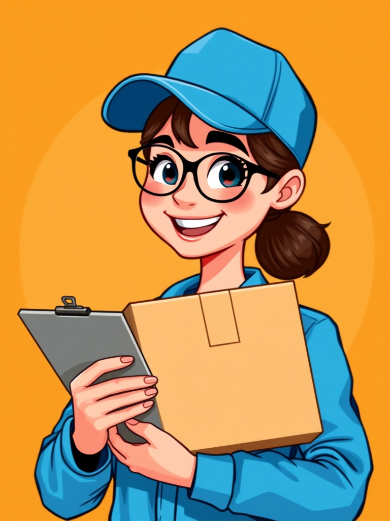 Create a digital illustration of a cheerful woman in a blue cap holding a clipboard in one hand and a cardboard box in the other, with a bright orange background, captured in a vibrant, cartoon style, using a 50mm lens, f/2.8 aperture, ISO 100, and 1/200 sec shutter speed for enhanced clarity and color saturation.