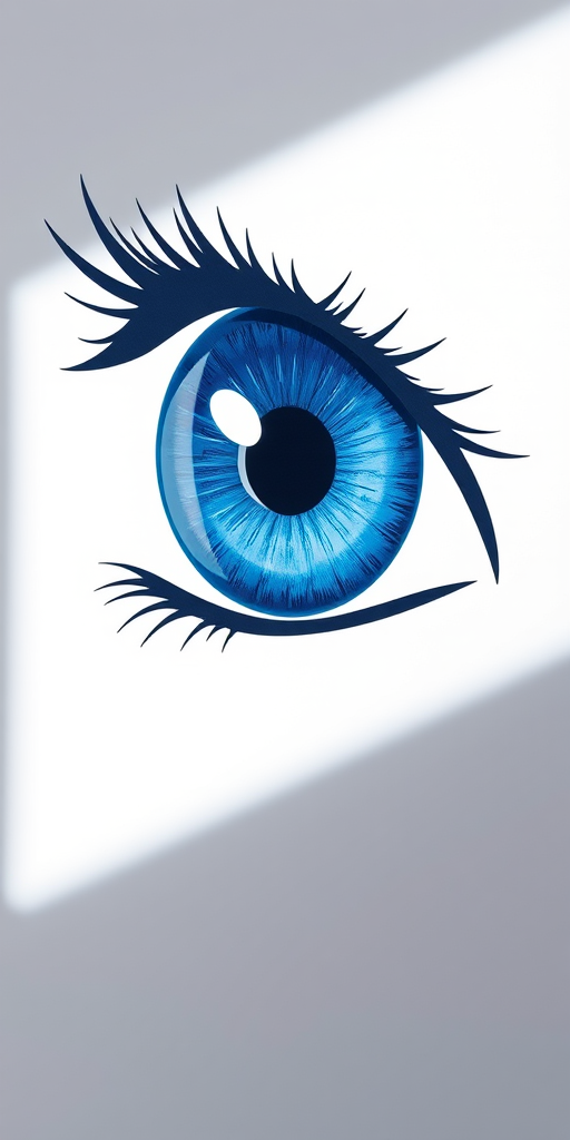 Generate an image of a large, stylized blue eye with a glossy finish on a plain white background using a Canon EOS R5 camera, 50mm lens, f/2.8 aperture, ISO 100, and natural lighting to enhance clarity and depth.