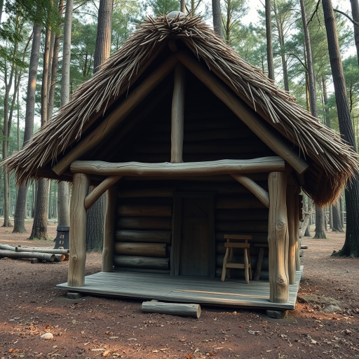 regenerate a rustic wooden hut with a thatched roof in a forest setting, Canon EOS R5, 35mm, f/4, ISO 200, soft natural lighting, wide-angle view
