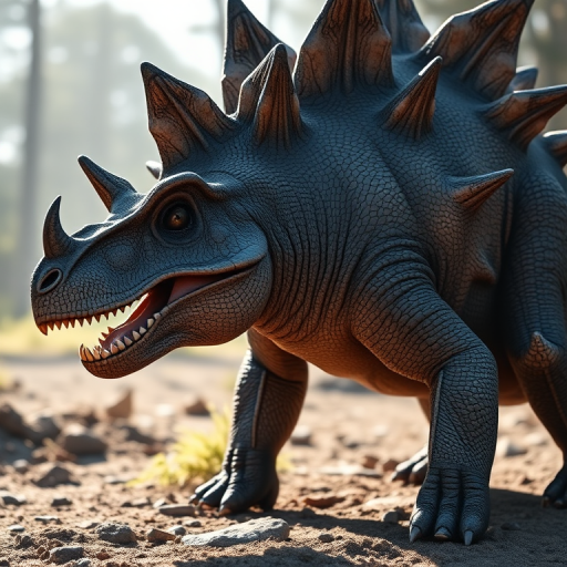 Create a highly detailed illustration of a Stegosaurus with intricate textures and shadows, captured in soft natural light, using a DSLR camera at f/8 aperture, ISO 200, and a 50mm lens from a low angle to emphasize its features.