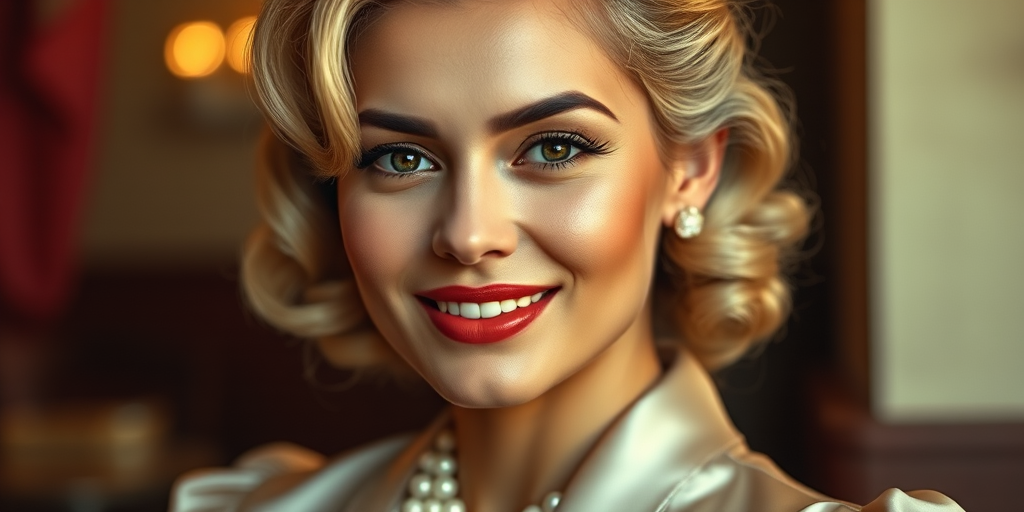 A beautiful Nepali woman reminiscent of 1950s Hollywood glamour, with perfectly styled blonde hair and a seductive smile, dressed in a satin blouse and adorned with pearls, soft and warm tones, photorealistic, 8K