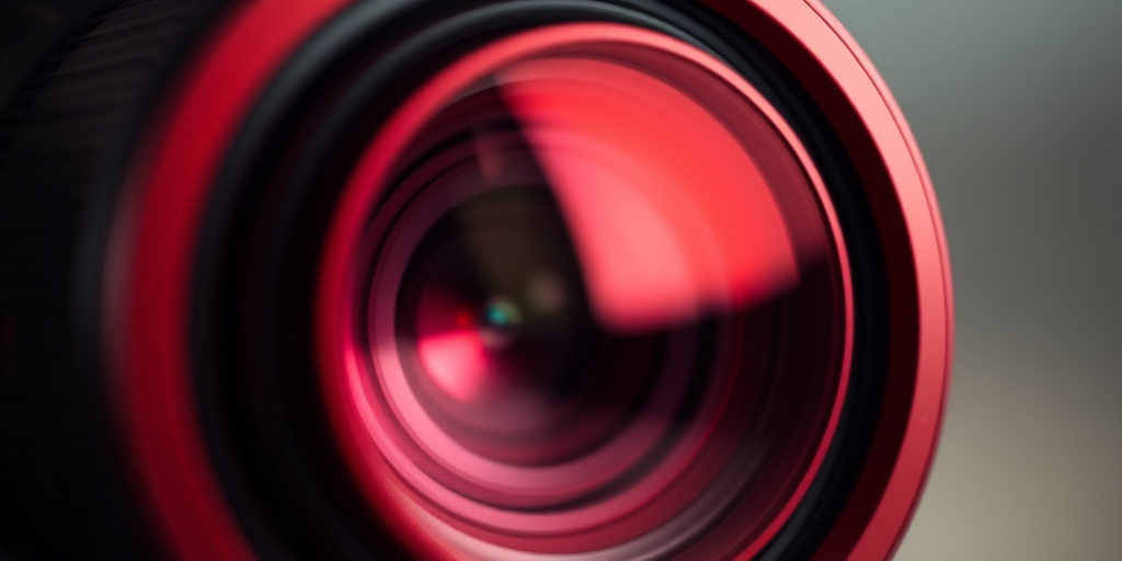 Create a high-resolution image of a red circular lens with a glossy finish, captured with a DSLR camera at ISO 100, f/2.8 aperture, 50mm lens, in a close-up view with a soft focus background to enhance the lens's details and reflections.