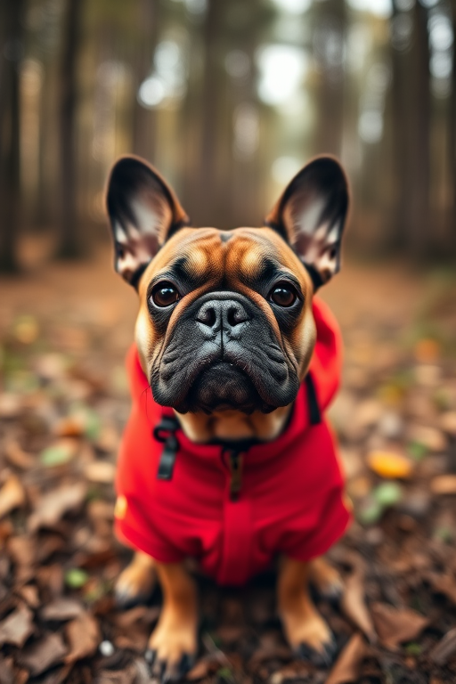 French Bulldog sitting in a forest wearing a red jacket, shallow depth of field, focus on dog, soft natural lighting, ISO 200, aperture f/2.8, shutter speed 1/200s, taken with a DSLR camera at eye level.