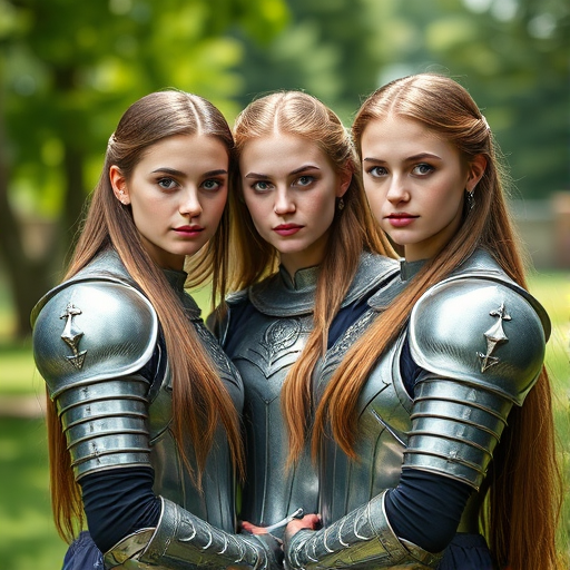 Create a high-resolution portrait of three young women with long hair and natural makeup, wearing ornate silver armor, standing close together in a lush outdoor setting, with a shallow depth of field, using a DSLR camera at f/2.8, ISO 100, 85mm lens, and a soft focus background.
